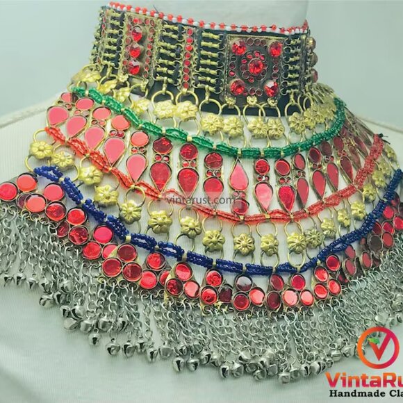 Tribal Red Choker Necklace, Handmade Kuchi Choker Necklace - Picture 2 of 10